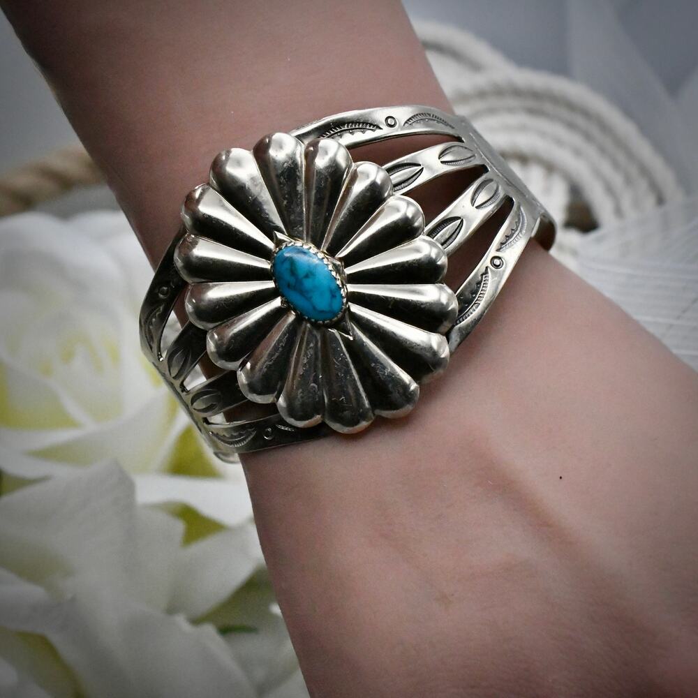 Vintage Bell Trading Post Nickel Silver Turquoise Cuff Bracelet Size 7